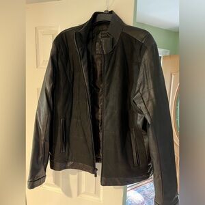 Calvin Klein men’s leather sleeve varsity jacket